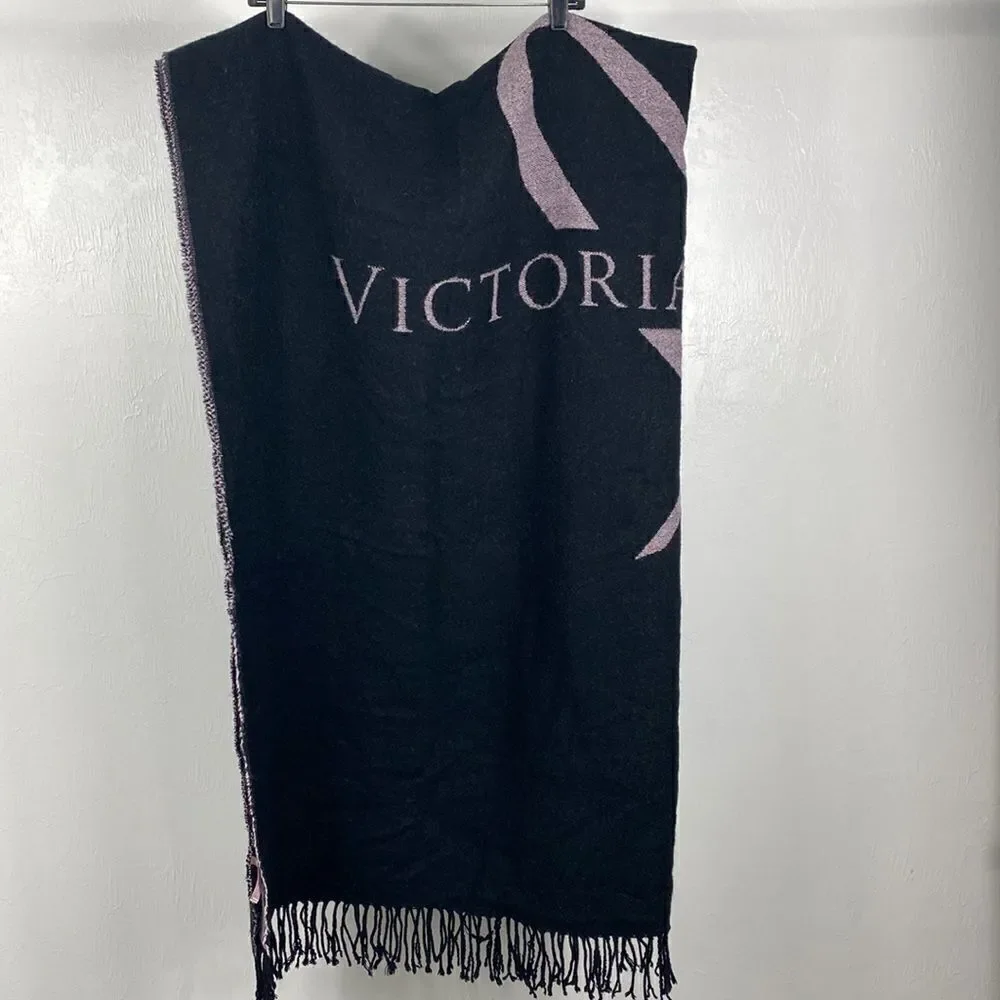 Victoria’s Secret black and pink throw blanket with fringe